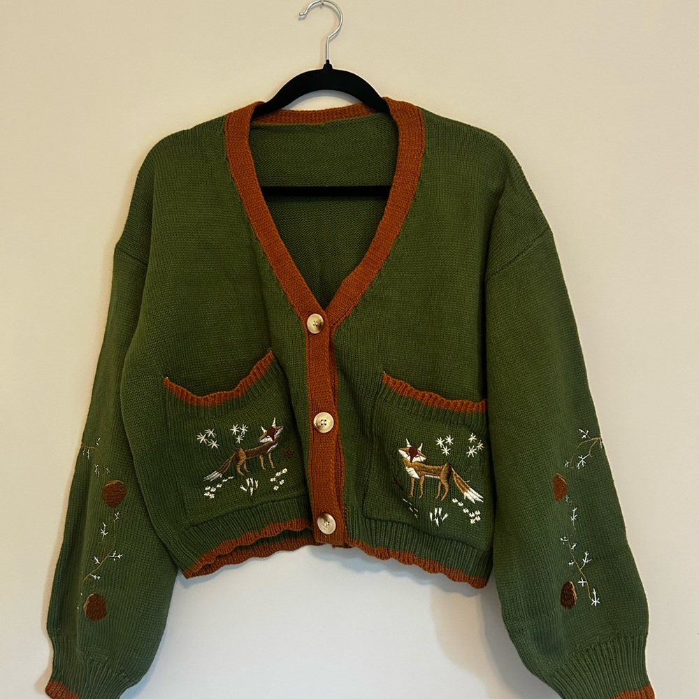 Embroidered Green Cardigan Sweater